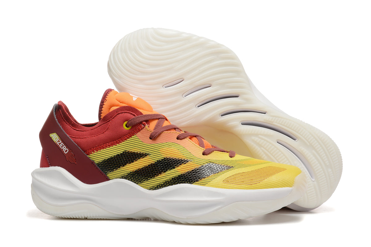 Adizero sneaker in yellow, burgundy and orange with black stripes and a white sole