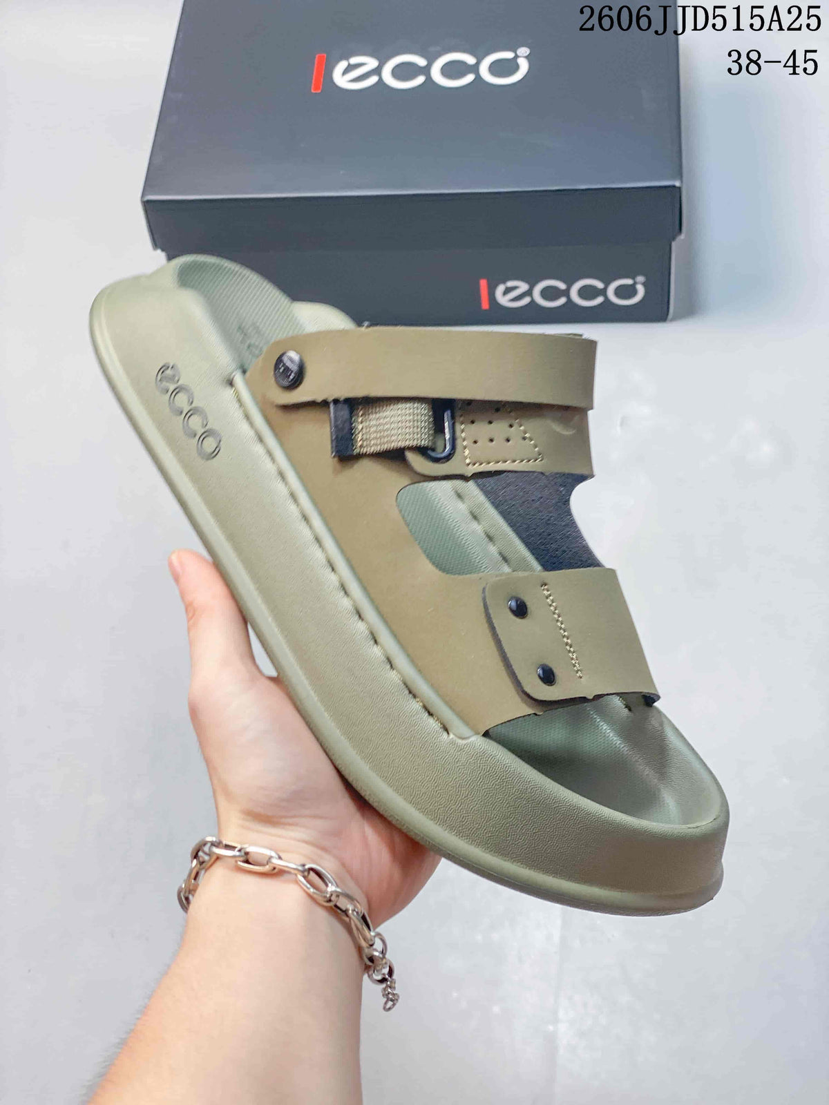 Close-up of an olive-toned adjustable strap sandal showing the straps and footbed.