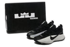Black and light gray LeBron TR1 shoes beside a black Training box