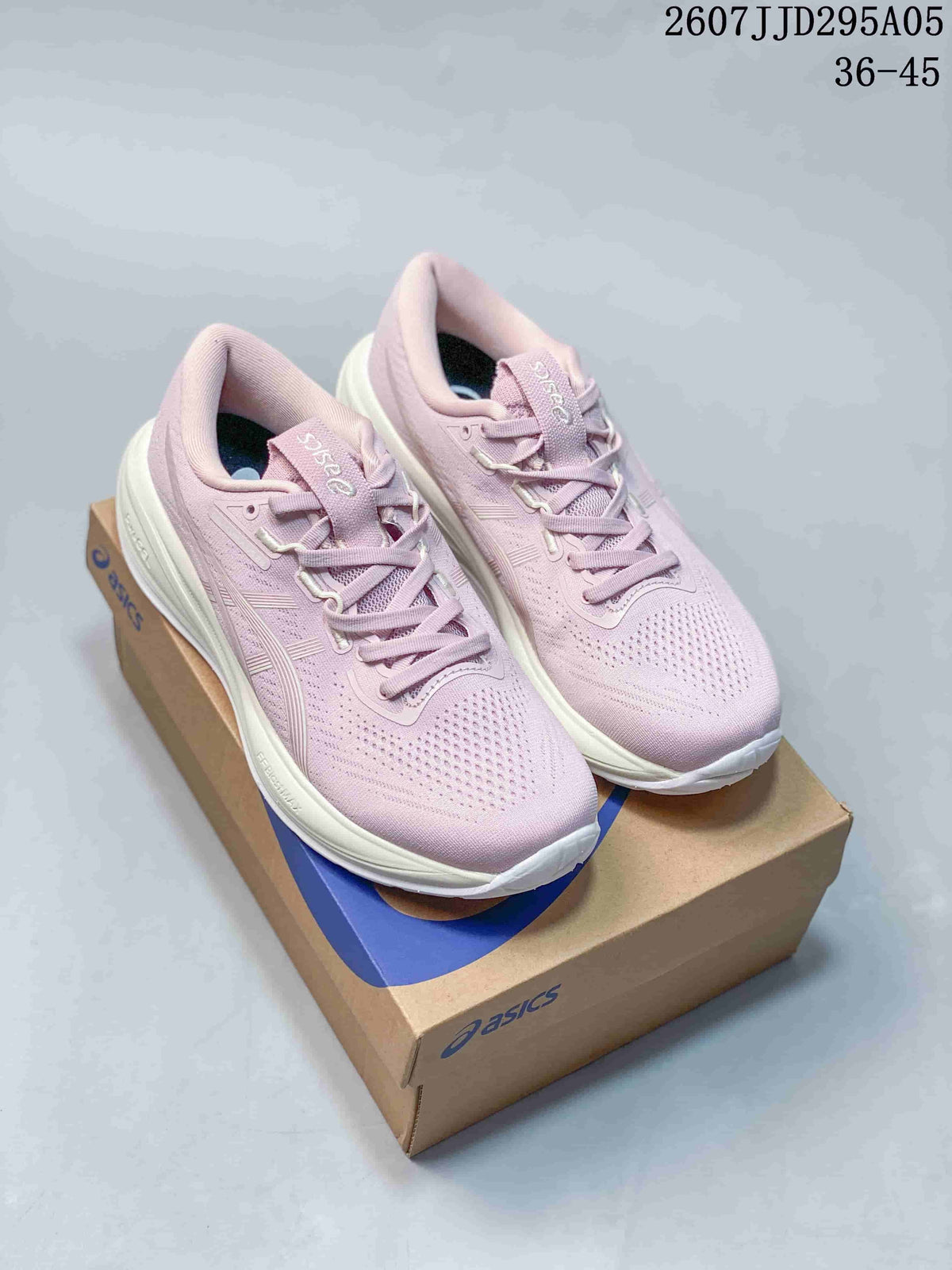 Pair of pink and white ASICS Gel-Cu sneakers displayed on an ASICS shoe box; image shows style code 2607J TD295A05 and size range 36–45.