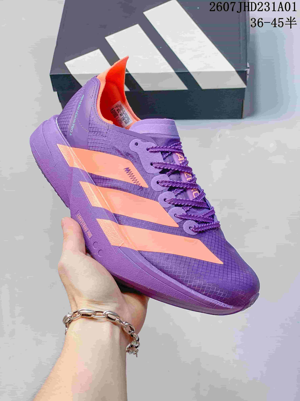 Side view of the shoe showing its patterned upper and contrasting stripes