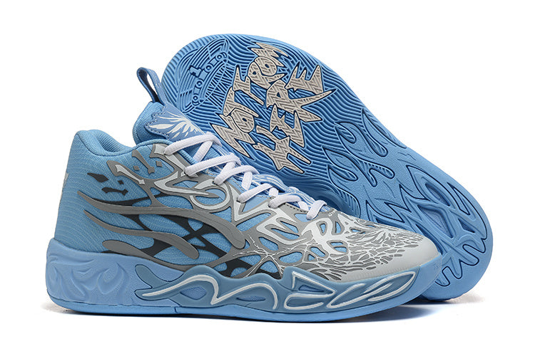 Light blue and gray high-top basketball shoes with white laces and sculpted soles.
