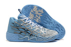 Light blue and gray high-top basketball shoes with white laces and sculpted soles.