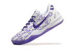 White and purple Kobe 8 Protro shoe, angled side view.