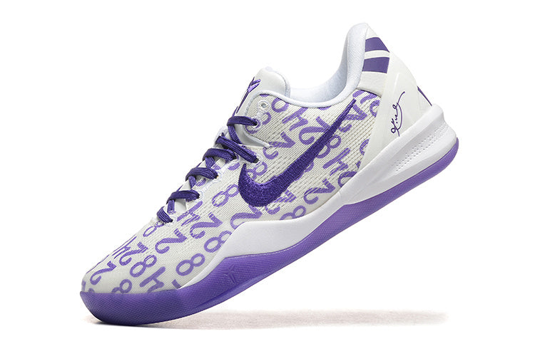White and purple Kobe 8 Protro shoe, angled side view.