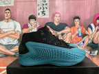 Black and teal high-top basketball shoe shown in side profile, highlighting its textured teal panels.