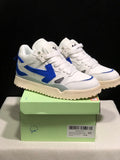 Pair of white and royal blue Off-White sneakers displayed on a green shoe box; the box label shows size 40 and identifies the Out Of Office model.