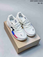Pair of white On THE ROGER Pro 2 shoes displayed on a box, with blue and pink side accents; image text shows style code 2607TGD214A24 and EU size range 36–45.