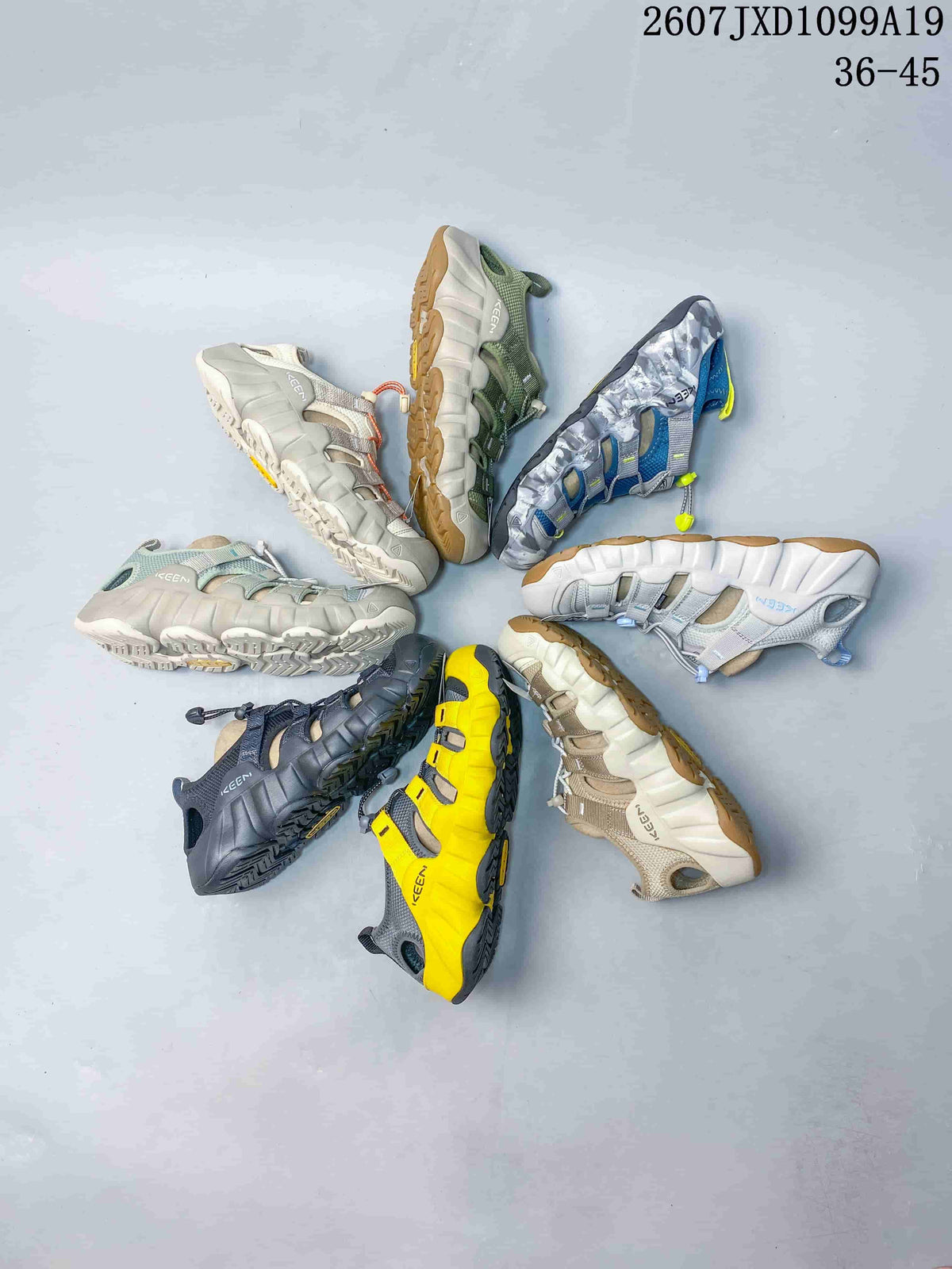 Top-down group image showing multiple Keen sandal colorways, including black, yellow, white, beige, green, blue and multicolor designs; the image includes the size range 36–45.
