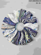 A circular arrangement of ASICS sneakers showing multiple colorways, including white, gray, blue, purple, green and neon-accented designs; image text shows style code 2607JHD299A19 and size range 36-45.