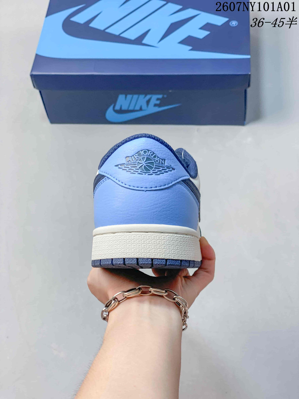 Rear view showing the light blue heel and Air Jordan heel logo