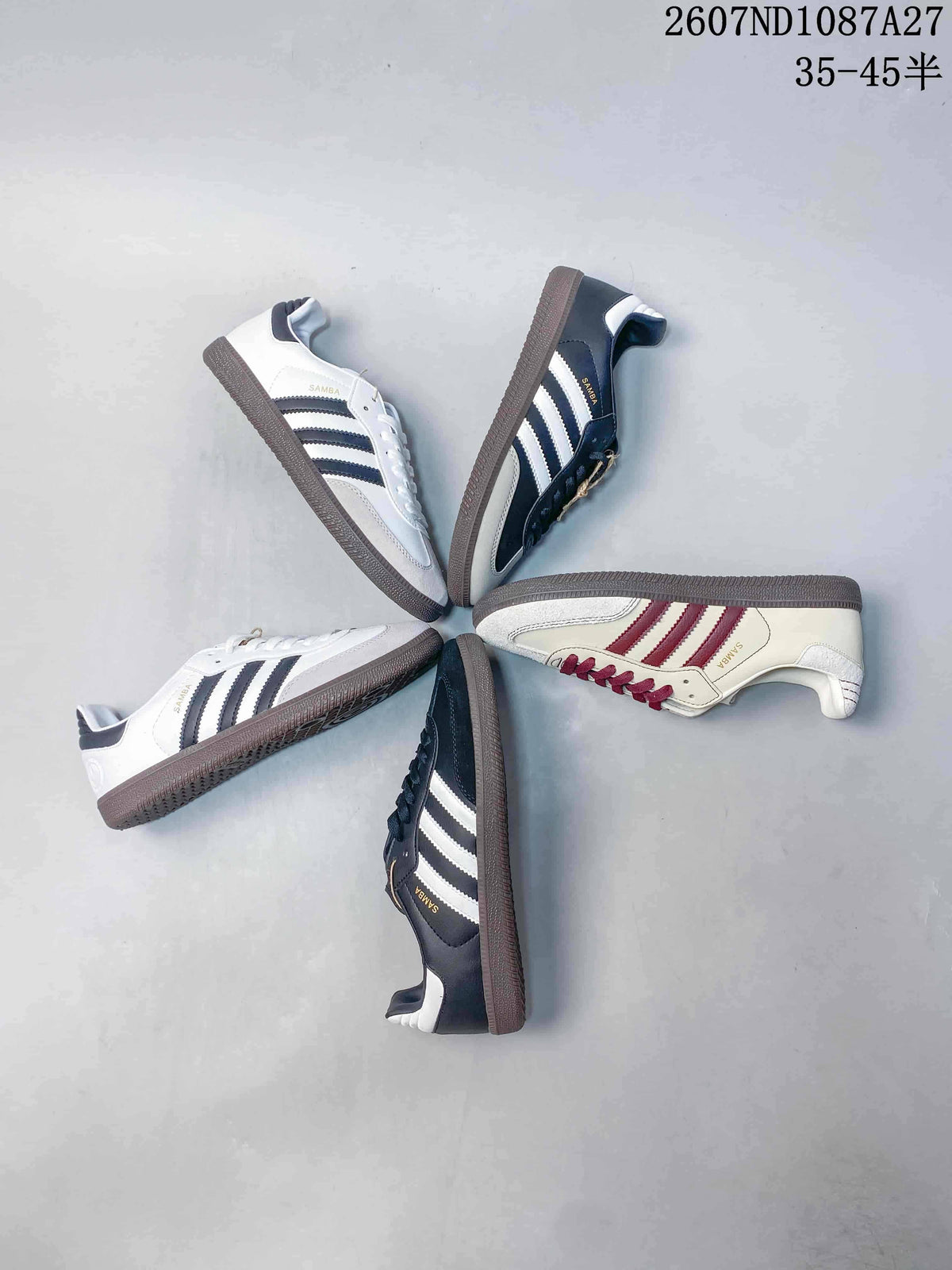 Four adidas Samba colorways arranged in a circular layout, including black, white, and cream combinations.