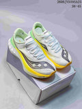 Three Saucony Endorphin Speed 5 shoes shown from the side in white, pale blue-gray, and neon yellow colorways; image text states 36–45.