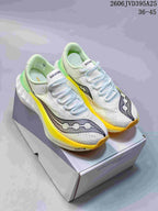Three Saucony Endorphin Speed 5 shoes shown from the side in white, pale blue-gray, and neon yellow colorways; image text states 36–45.