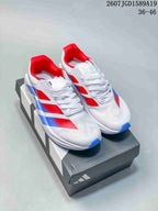 Pair of white adidas Adizero Dropset Pro training sneakers with red and blue details displayed on a shoebox.