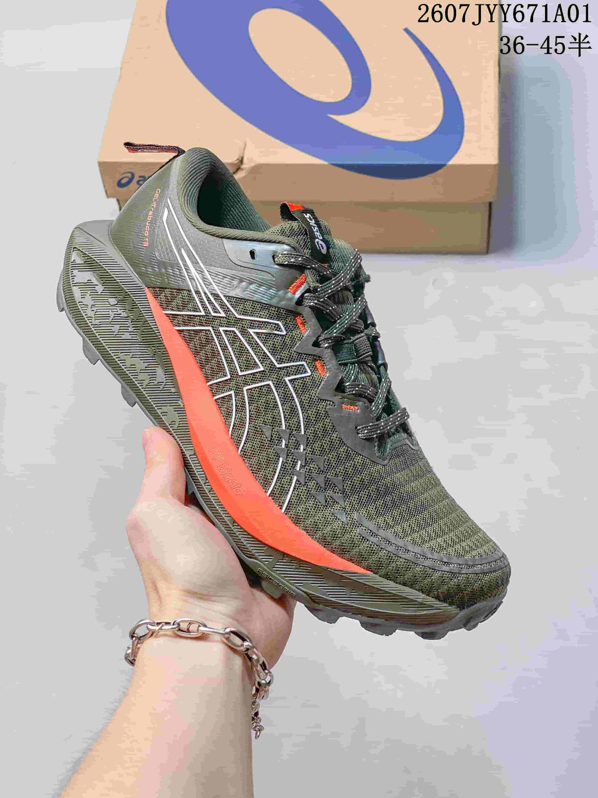 Olive green ASICS GEL-TRABUCO 13 trail shoe with coral accents