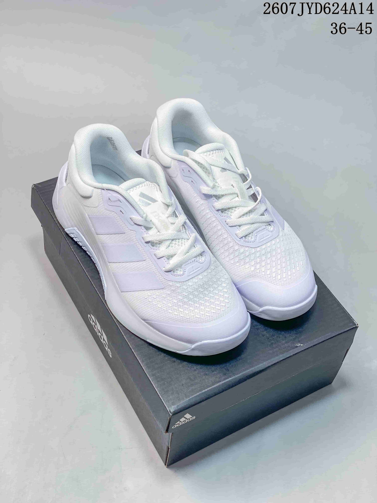 Pair of white adidas Dropset 4 training shoes displayed on a black adidas shoe box.