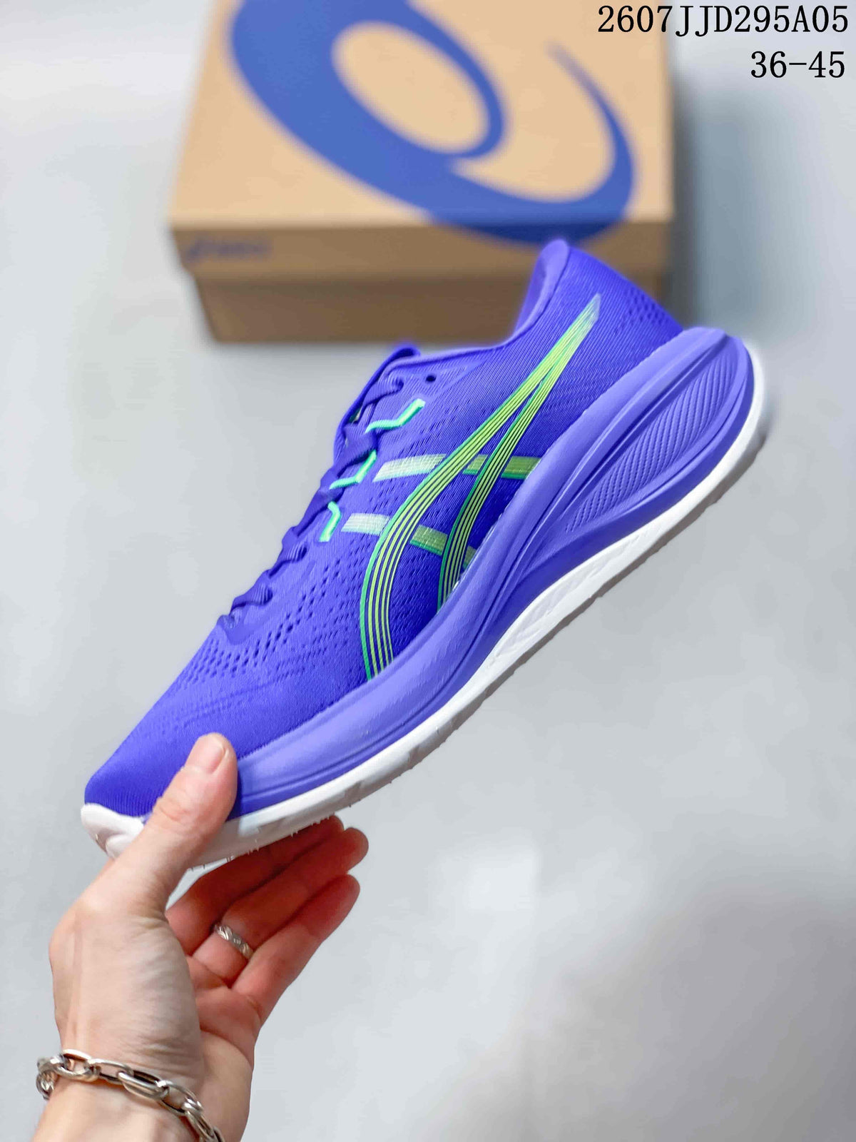 Side profile of the purple running sneaker with lime ASICS stripes and a cushioned midsole.