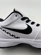 Close-up of the black Swoosh and textured white side panel