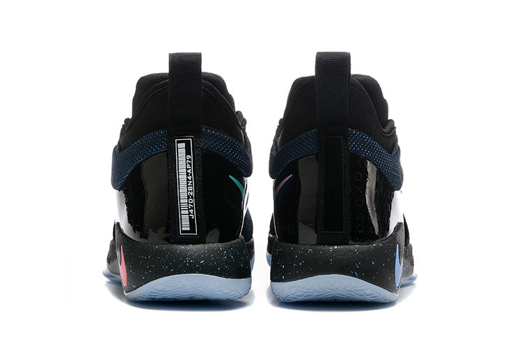 Rear view of the black and navy Nike PG 2 basketball shoes