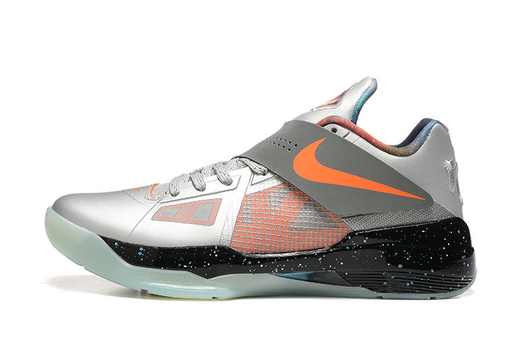 Side view of a silver-gray Nike KD 4 shoe with orange accents and a black speckled midsole.