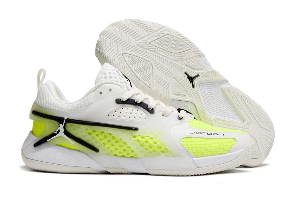 Side and outsole views of white and fluorescent lime Jordan Heir shoes