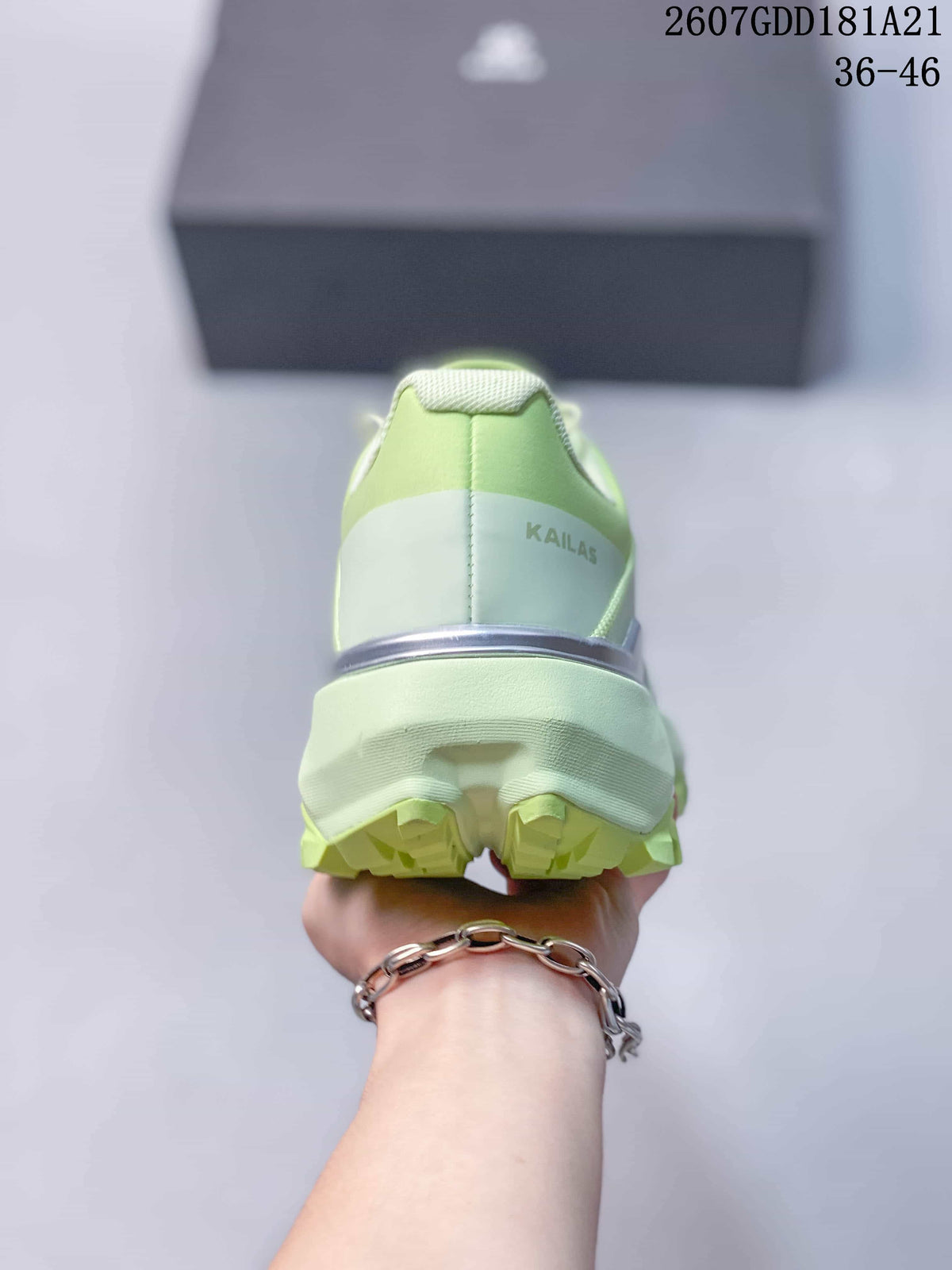 Rear view showing the padded heel collar, KAILAS branding, midsole, and outsole lugs.