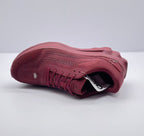 Top view of one burgundy alo Runner sneaker showing the laces, tongue, and insole tag.