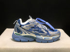 Outer side profile of one sneaker showing the arrow detail, lace system, and chunky blue outsole.