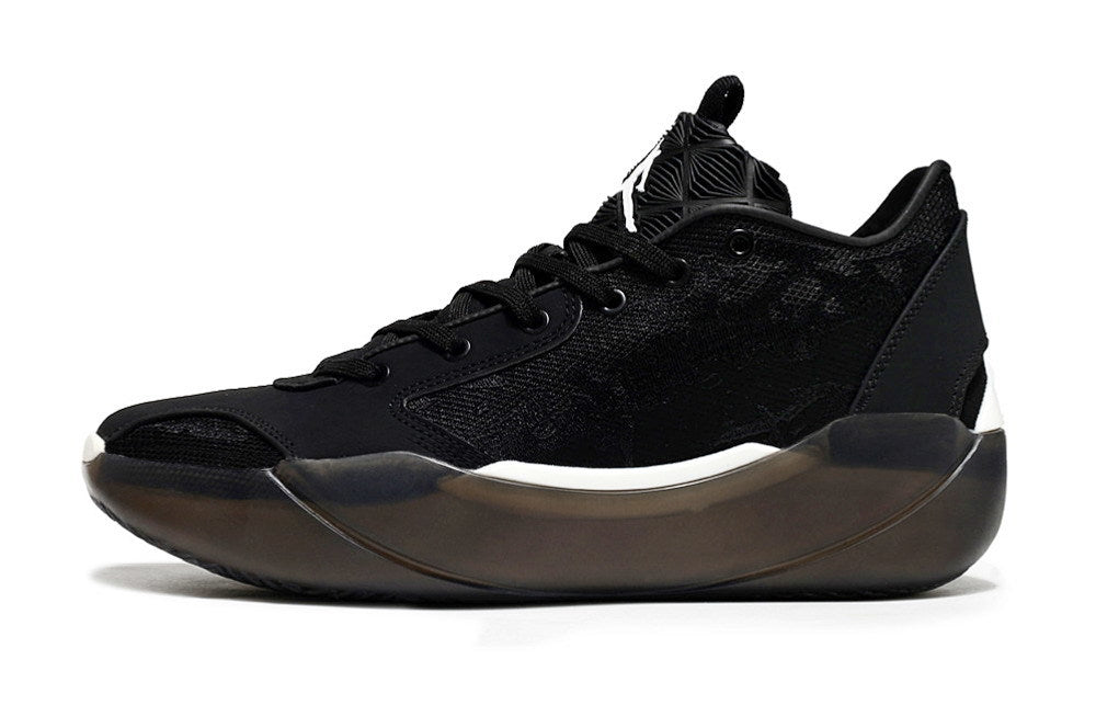 Side profile of a black Jordan low-top sneaker with a dark sculpted sole.