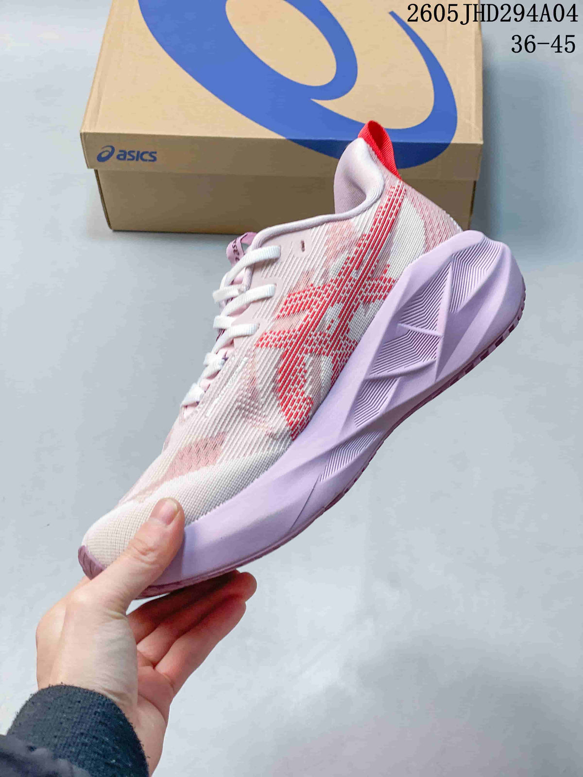 Side profile showing the patterned upper and sculpted lavender-colored sole.