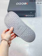 Close-up of the textured outsole of a grey ECCO sandal