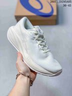 Angled side view of the white ASICS Gel shoe showing the mesh-style upper, ASICS side logo, and cushioned midsole; image text shows code 2607J JD295A05 and size range 36–45.
