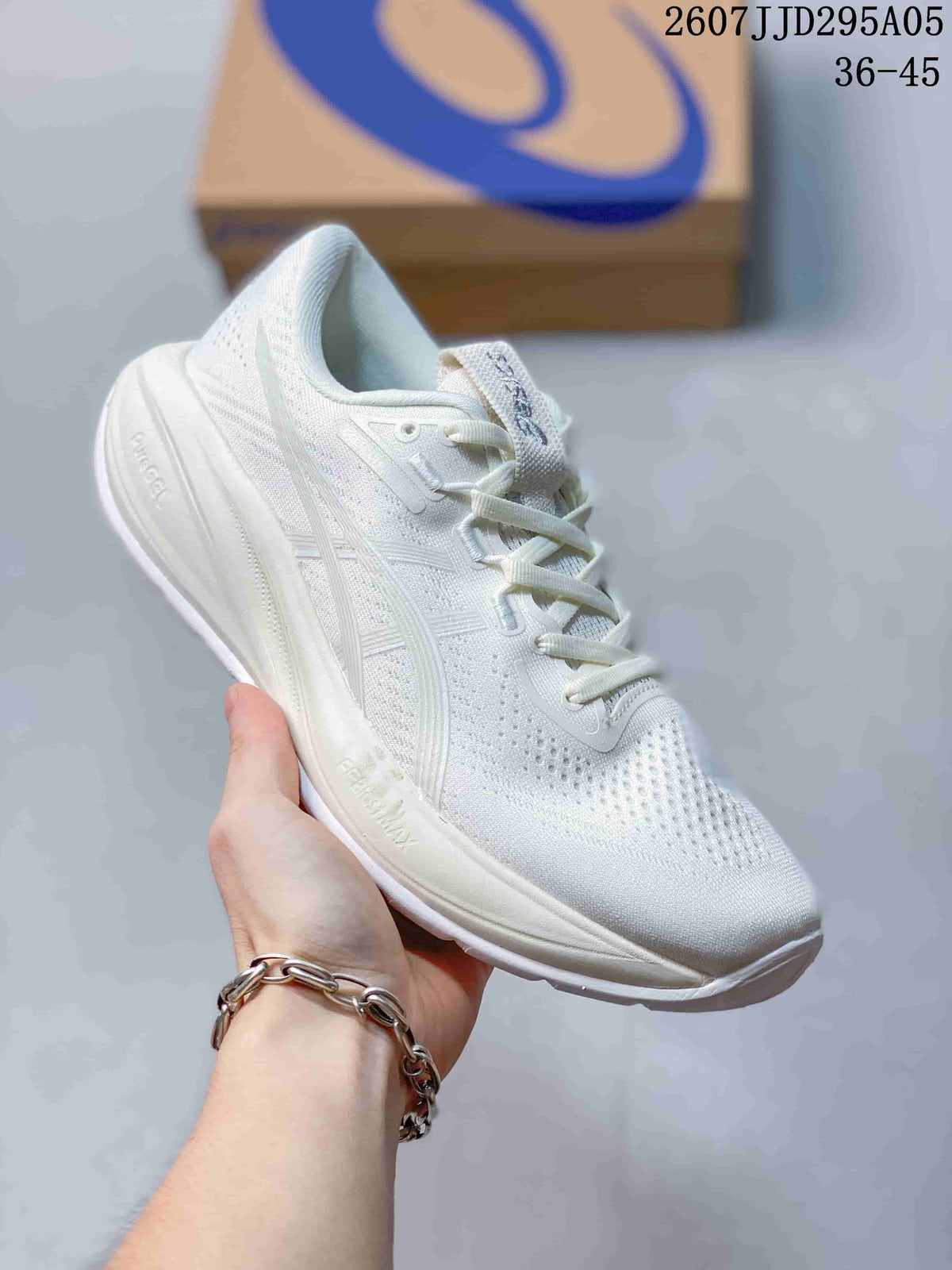 Angled side view of the white ASICS Gel shoe showing the mesh-style upper, ASICS side logo, and cushioned midsole; image text shows code 2607J JD295A05 and size range 36–45.