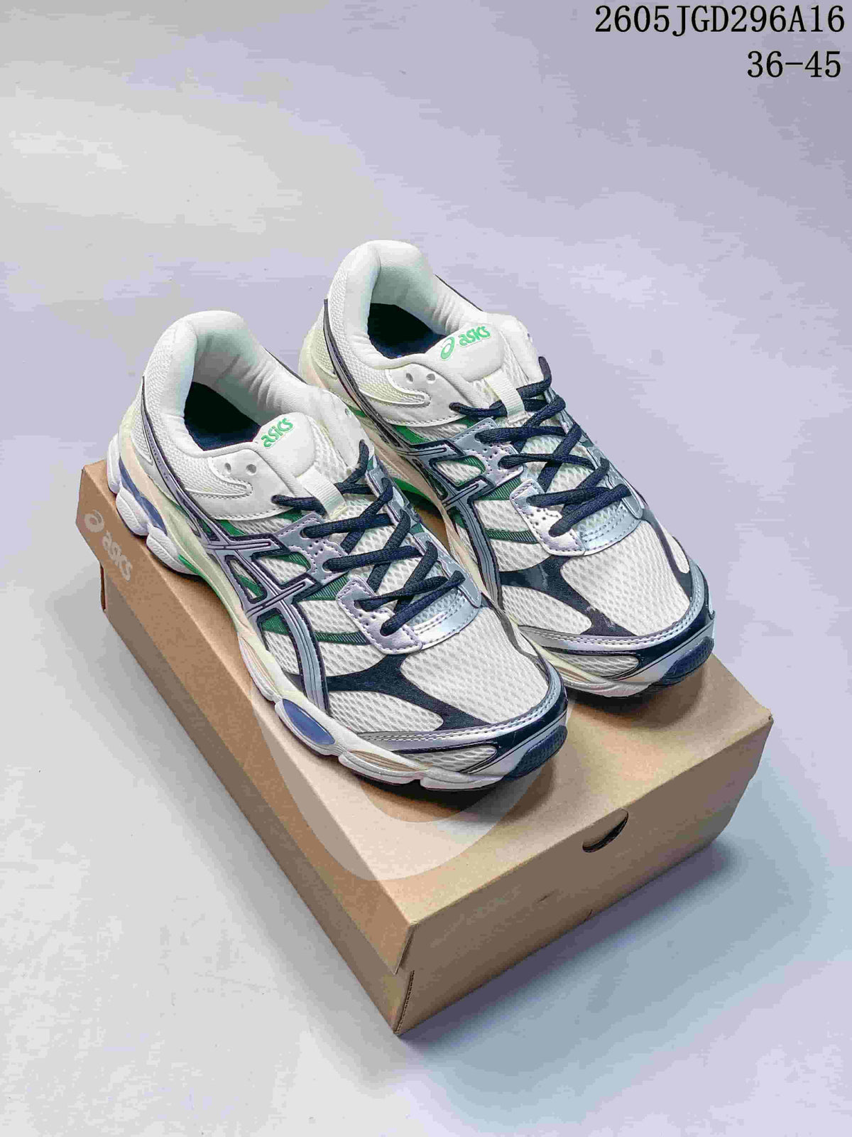 Pair of ASICS Gel-Cumulus 16 sneakers in white, silver, navy, and green, viewed from above