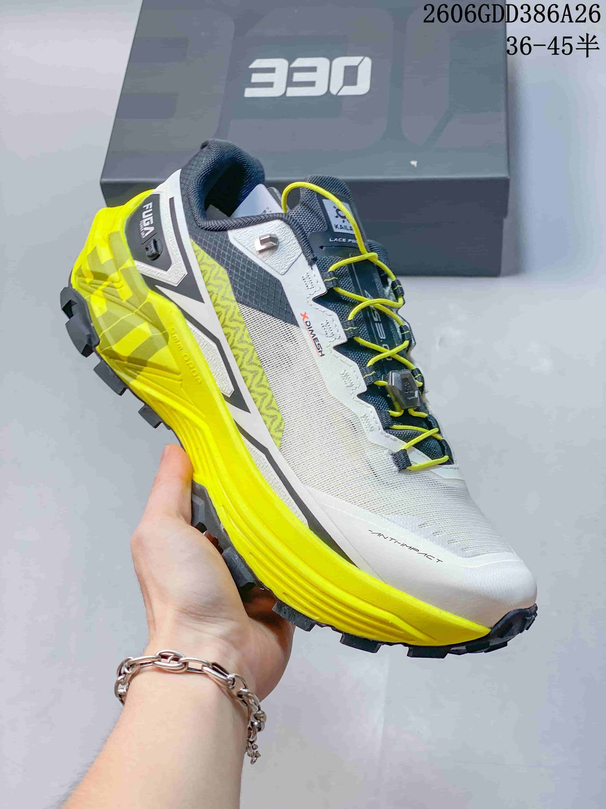 Angled side view of a Kailas FUGA EX330 trail running shoe with a lugged outsole