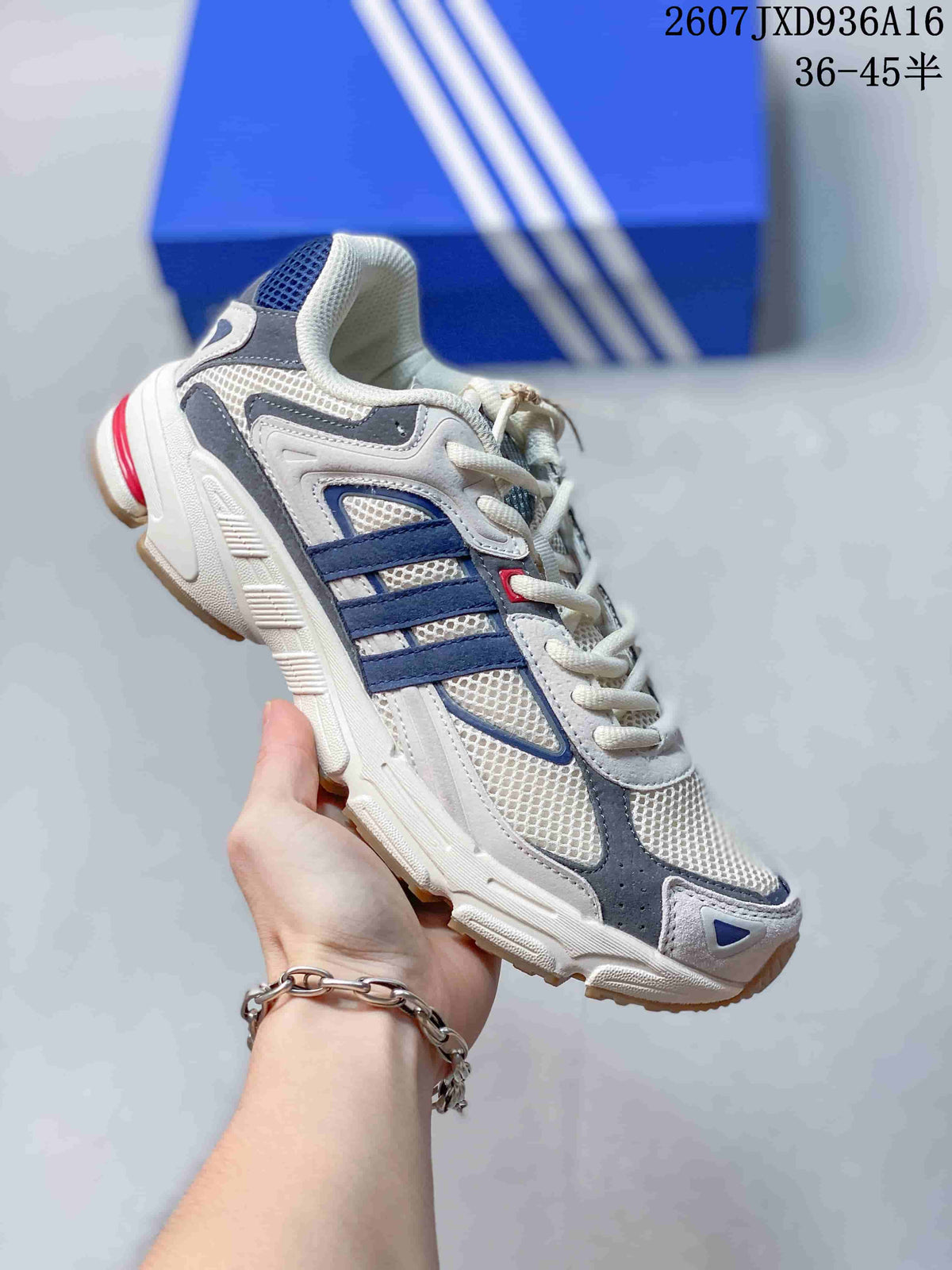 White and gray adidas Response CL sneaker with dark blue side stripes and red accent details.