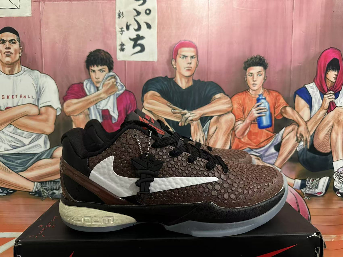 Side view of a brown textured Nike Zoom basketball shoe with a white Swoosh and black trim.