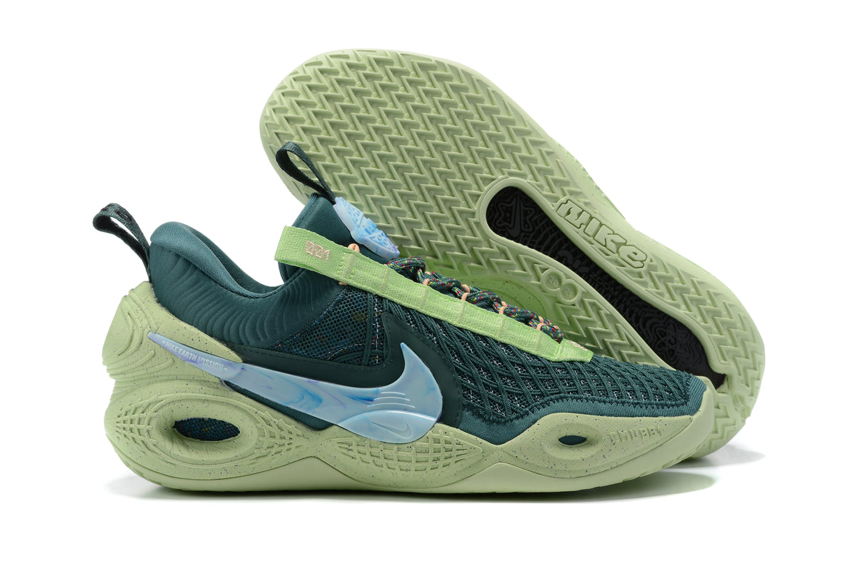 Dark green Nike Anthony basketball shoes with pale green soles and blue accents.
