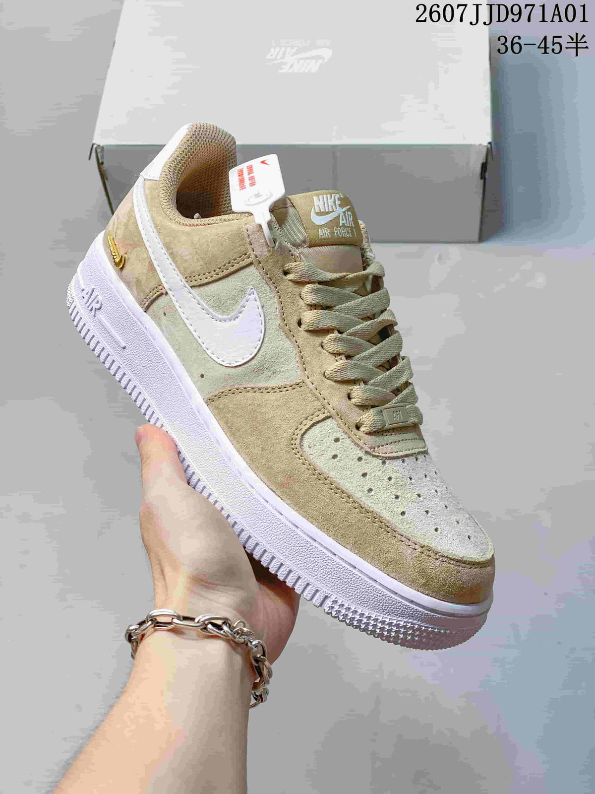 Close view of a tan and cream Nike Air Force 1 ’07 sneaker, showing the side Swoosh, laces and white sole; printed size range 36–45.