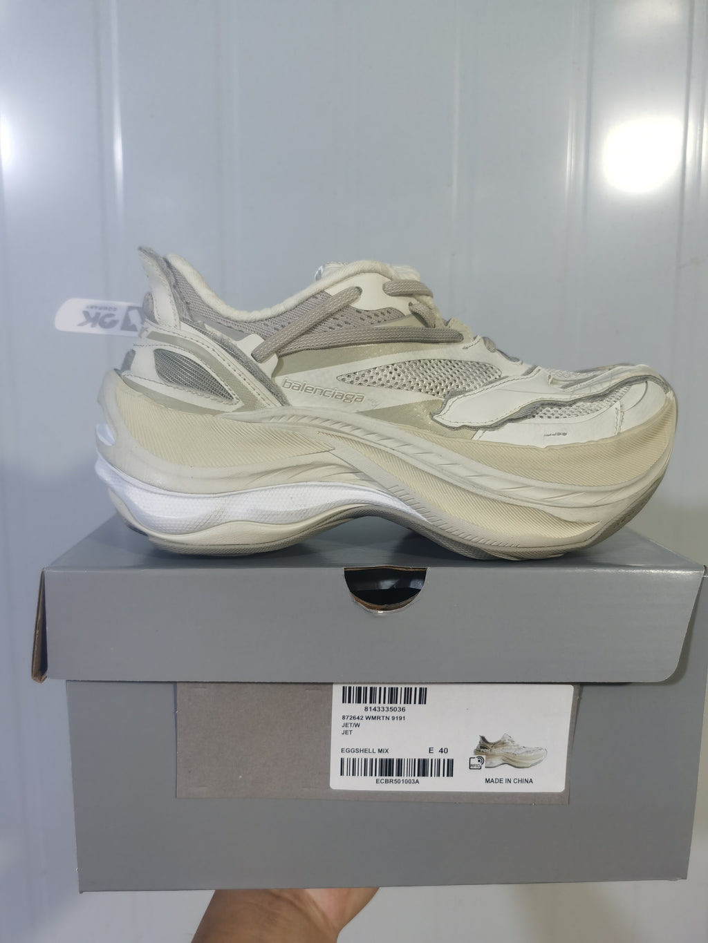 Balenciaga sneakers displayed on their box; the visible label identifies style information including 9191 and sample size EU 40.