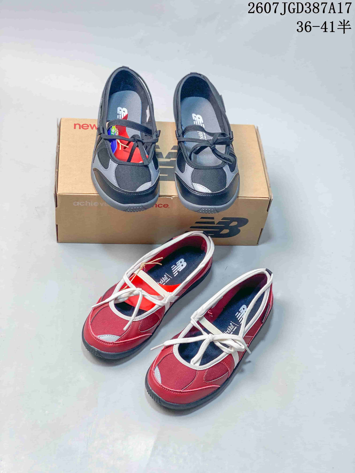 Black and gray and red and white New Balance sneakers shown together from above, with New Balance branding visible on the insoles and box.