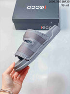 Side view of a grey ECCO sandal with two broad straps and an open toe