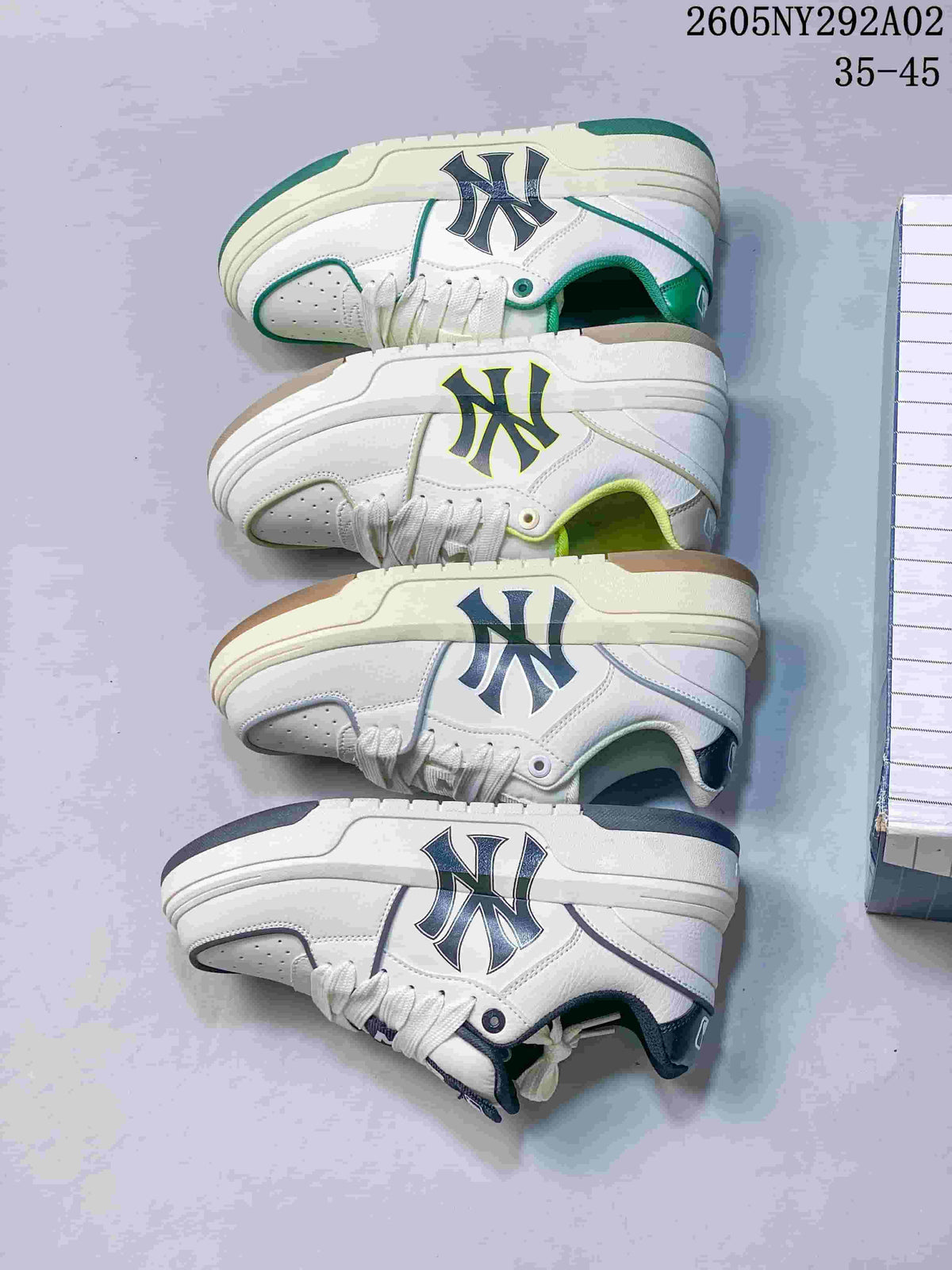 Four white MLB Chunky Liner sneaker color variations shown together