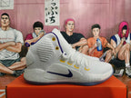 Side view of a white Nike Hyperdunk basketball shoe with a purple logo and yellow lace details.