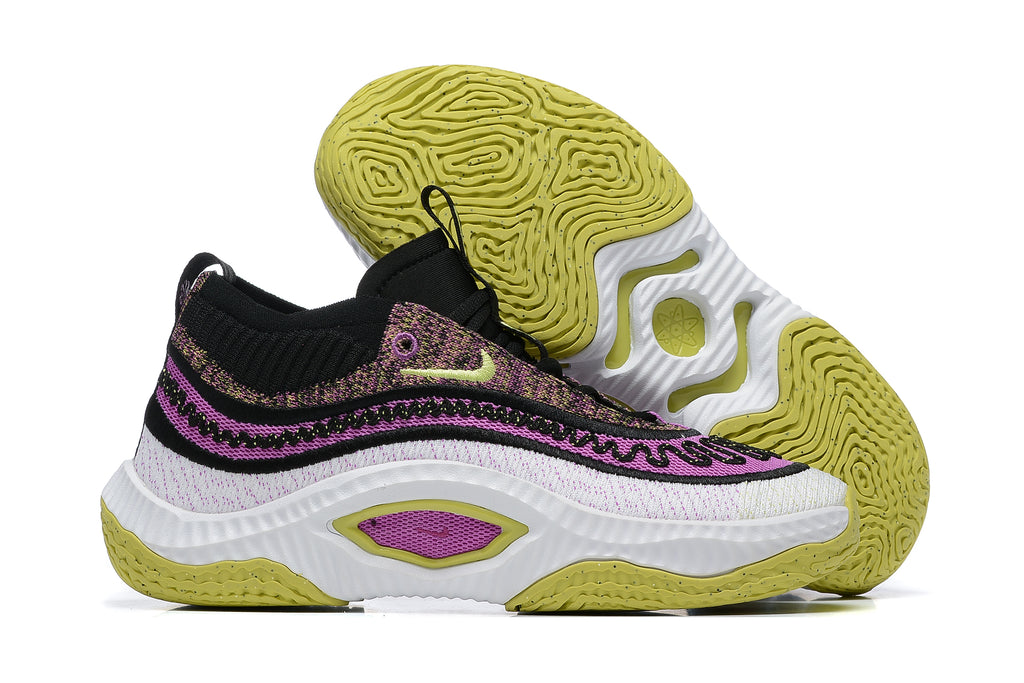 Black, purple, white, and lime-accented Nike Anthony Edwards 3 shoes, with outsole view