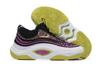 Black, purple, white, and lime-accented Nike Anthony Edwards 3 shoes, with outsole view