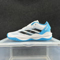 White and blue adidas Adizero low-top sneaker with black side stripes, shown from the side.