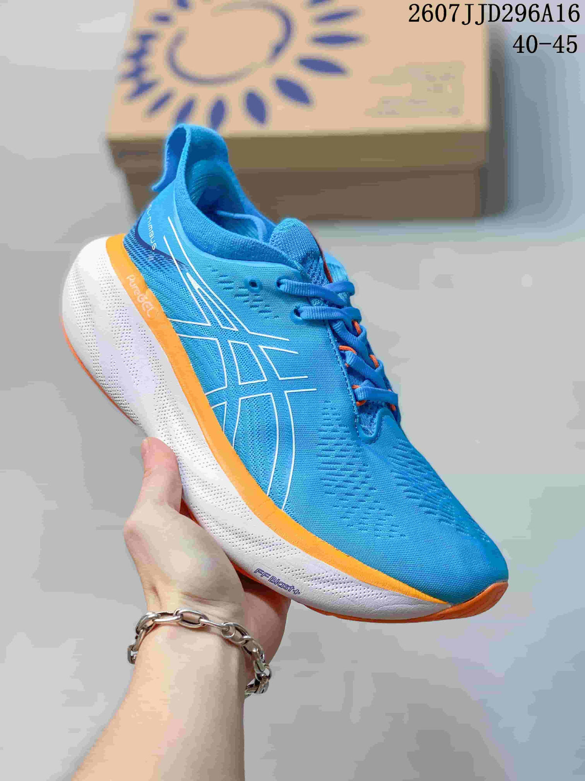 Angled side view of the blue ASICS GEL-Nimbus 25 shoe showing the lace-up upper, white midsole, orange trim, and visible FF BLAST PLUS marking.