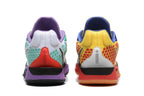 Rear view of the mismatched pair, showing contrasting heel and collar colors.
